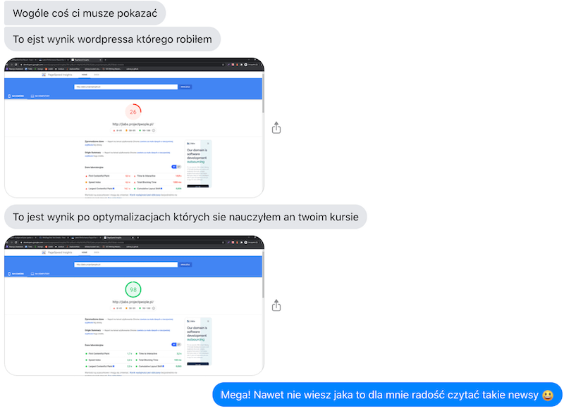 Fragment korespondencji z kursantem chwalącym się rezultatami Web Vitals po zastosowaniu technik optymalizacyjnych ze szkolenia Zoptymalizowany Frontend